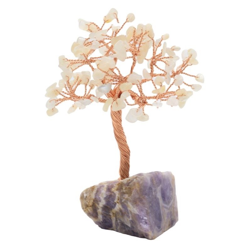 Arbre du Bonheur Pierre de Lune sur Base Améthyste Brute – 14 cm
