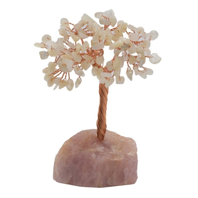 Arbre du Bonheur Pierre de Lune sur Base Quartz Rose Brute – 14 cm