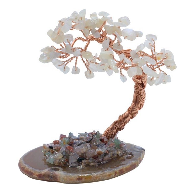 Arbre du Bonheur Pierre de Lune sur Tranche d'Agate – 12 cm