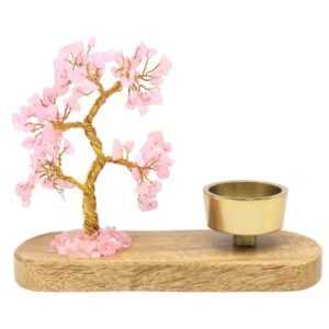 Arbre du Bonheur Quartz Rose avec Bougeoir en Bois de Manguier – 17 cm