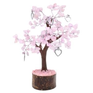 Arbre du Bonheur Quartz Rose et Cœur – 160 Pierres, 18 cm