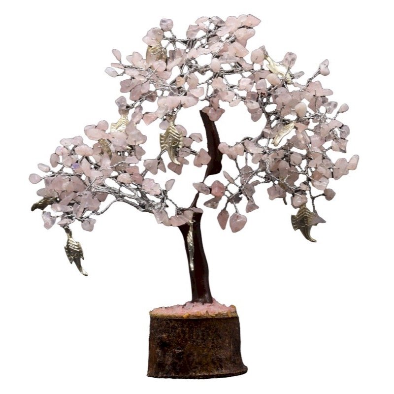 Arbre du Bonheur Quartz Rose et Ganesh – 300 Pierres Brutes, 22 x 25 cm