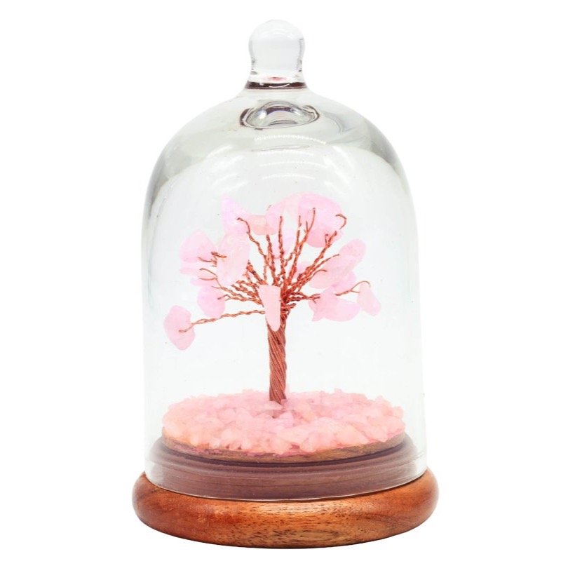 Arbre du Bonheur Quartz Rose sous Cloche en Verre – 13 cm