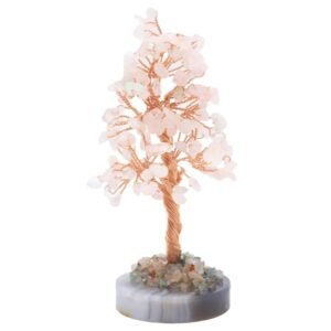 Arbre du Bonheur Quartz Rose sur Agate Polie – 14 cm