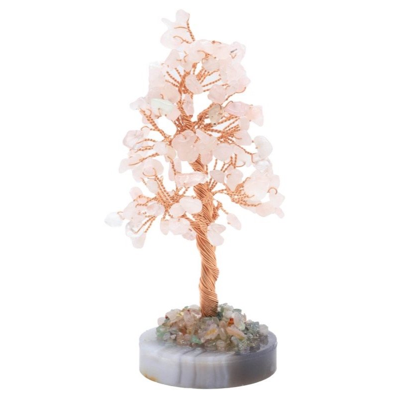 Arbre du Bonheur Quartz Rose sur Agate Polie – 14 cm
