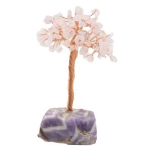 Arbre du Bonheur Quartz Rose sur Base Améthyste Brute – 14 cm
