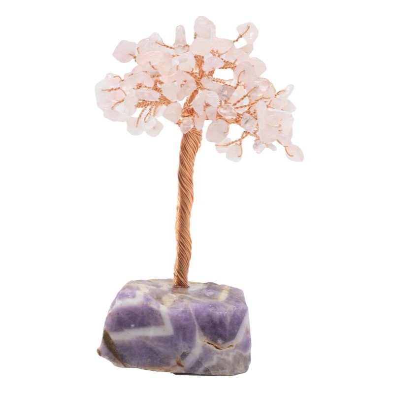 Arbre du Bonheur Quartz Rose sur Base Améthyste Brute – 14 cm