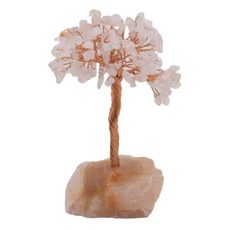 Arbre du Bonheur Quartz Rose sur Base Quartz Rose Brute – 14 cm