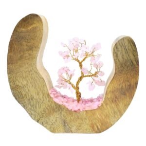 Arbre du Bonheur Quartz Rose sur Décor Bois de Manguier – 17 cm