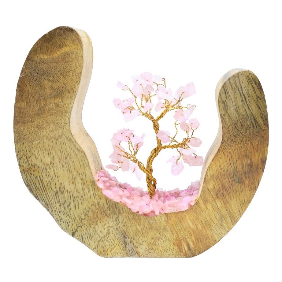 Arbre du Bonheur Quartz Rose sur Décor Bois de Manguier – 17 cm
