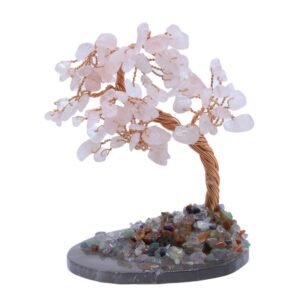 Arbre du Bonheur Quartz Rose sur Tranche d'Agate – 12 cm