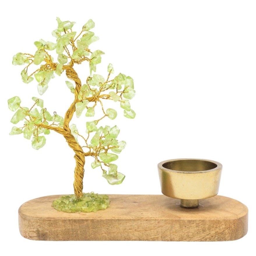 Arbre du Bonheur Quartz vert avec Bougeoir en Bois de Manguier – 17 cm