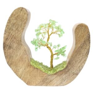 Arbre du Bonheur Quartz vert sur Décor Bois de Manguier – 17 cm