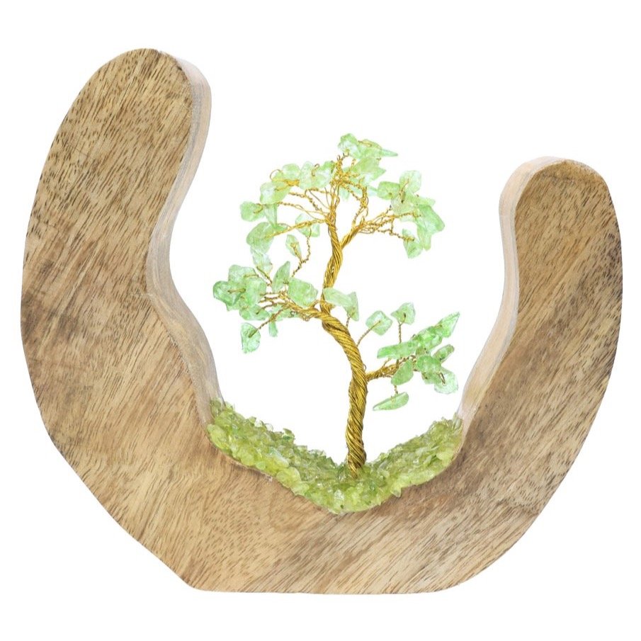 Arbre du Bonheur Quartz vert sur Décor Bois de Manguier – 17 cm