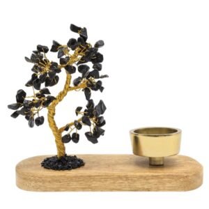 Arbre du Bonheur Tourmaline Noire avec Bougeoir en Bois de Manguier – 17 cm