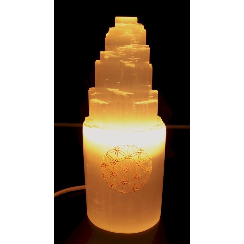 Lampe Sélénite Montagne Gravée 20 cm – Fleur de Vie