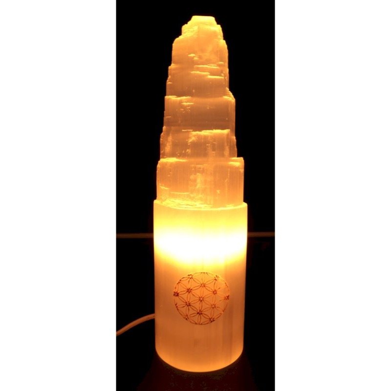 Lampe Sélénite Montagne Gravée 30 cm – Fleur de Vie